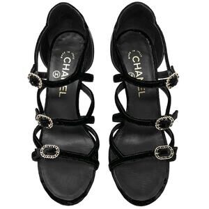 Chanel Black Velvet Patent Leather Buckle Strappy Logo Sandals – Size 37